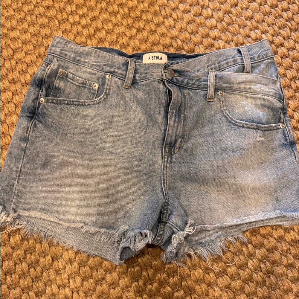 pistola Faded Light Blue Frayed Hem Denim Shorts